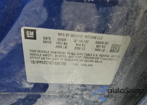 2012 Chevrolet Cruze Lt z USA, uszkodzony, nr VIN 1G1PF5SC7C7326769